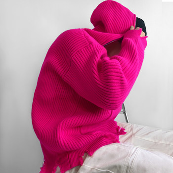 2023 new year rose red thick sweater men and women knitted sweater hooded pullover wide loose zipper new year jacket