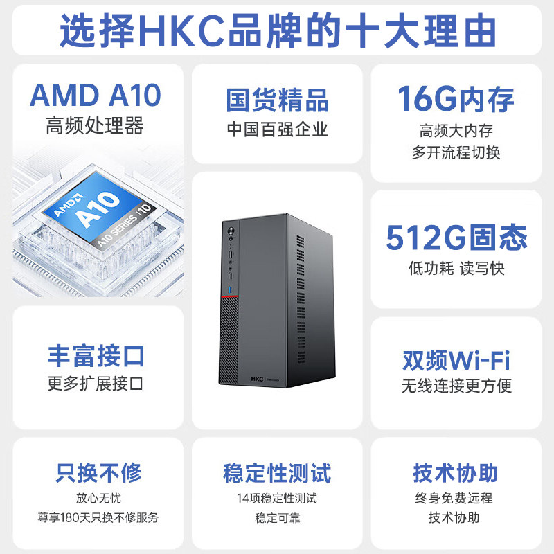 [Free Shipping, Fast Delivery] Hkc Brand Amd Strong Processor A10 Business Office Sambada Desktop Computer Home Use Small Host Enterprise Purchase Mini Small Case Brand Complete Set Genuine Product