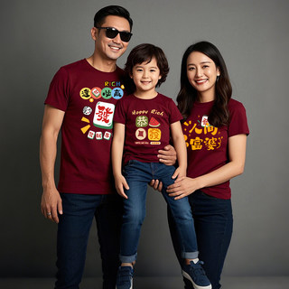 马年亲子装2025新年衣服一家人春秋季三四口五六口红色短袖T恤