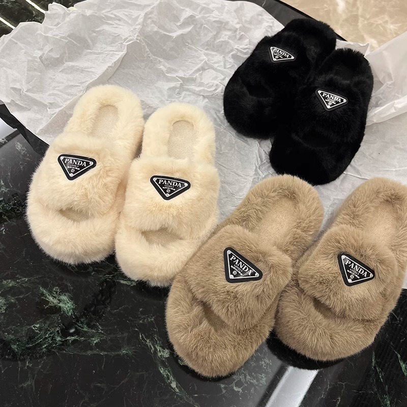 Dayinwang Prada Collaboration Thick-Soled Furry Slippers for Women, Suitable for Outdoor Wear in Autumn and Winter, Plush Cotton Slippers