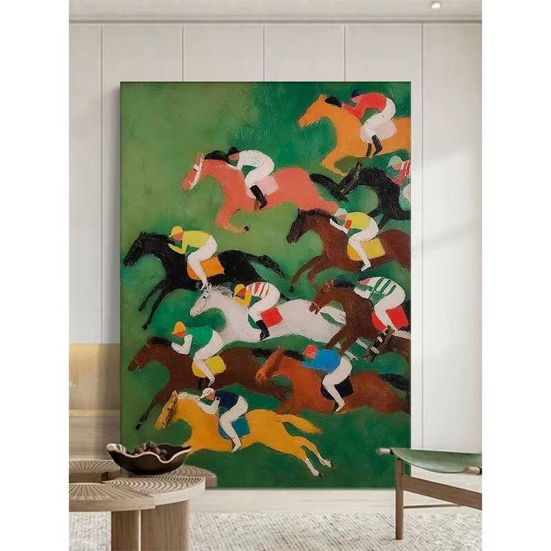 "Horseracing" Niche Art Living Room Decorative Painting, Abstract Figure Hand-Painted Oil Painting for Entryway and Hallway, Vintage Style Wall Art "Horseracing" Niche Art Living Room Decorative Painting, Abstract Figure Hand-Painted Oil Painting for Entryway and Hallway, Vintage Style Wall Art