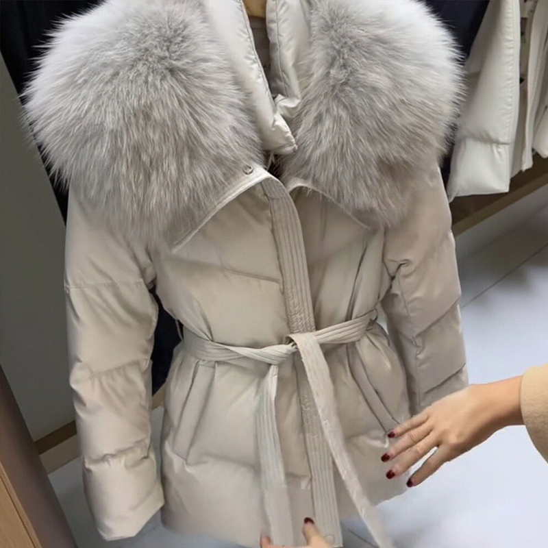 2025 Winter New Korean Style High-End Mid-Length Cotton Coat for Women, Waist-Cinching, Slimming, Belted, Warm, Large Fur Collar Jacket