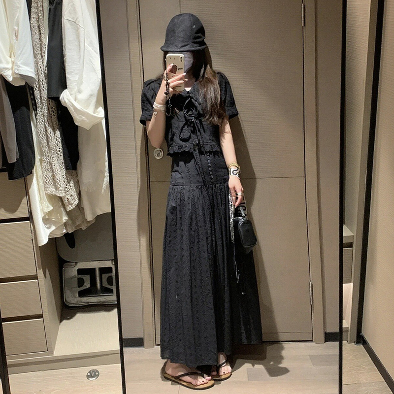 2026 Summer Unique and Stunning Outfit for Women: Black Lace Embroidered Puff Sleeve Shirt and Long Skirt 2026 Summer Unique and Stunning Outfit for Women: Black Lace Embroidered Puff Sleeve Shirt and Long Skirt