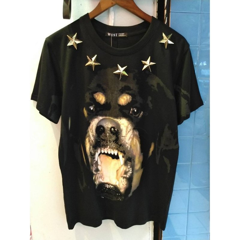 Furkifanxi Men's Clothing Collaboration with Metal Star Dog Head Print European and American Style Men's T-Shirt Loose Short-Sleeve Shirt