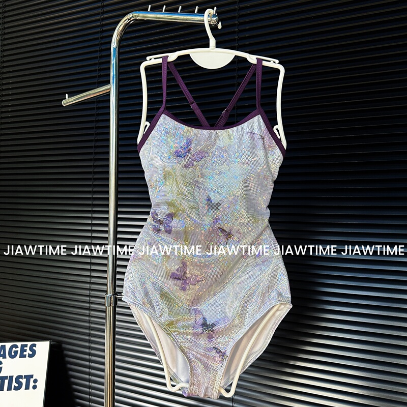 Jiawtime【Laser Flash Purple Butterfly】2026 New Gold Foil Shiny Low-Cut Double-Layer Women's Racing One-Piece Swimsuit