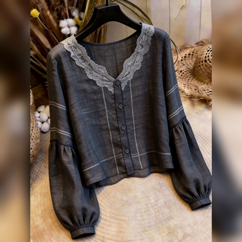 Lazy Style V Neck Lace Long-Sleeved Shirt for Women 2026 New Autumn Casual Slimming High-Sense Shirt Top
