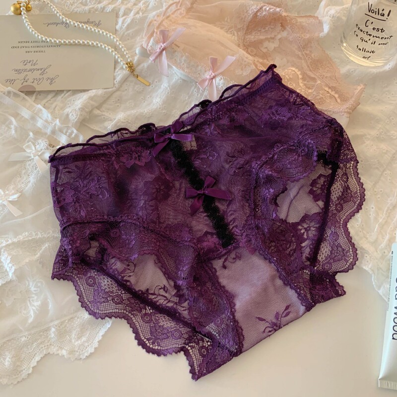 Floral Shadow Mist ~ Sexy Lace Mid-High Waist Panties for Women, Pure Desire Purple Breathable Cotton Crotch Covering Hip Triangle Panties for Women