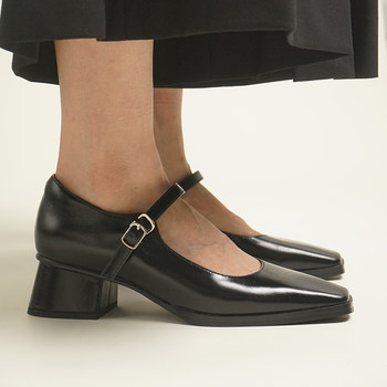 Lux seven retro square toe oil wax leather strap mary jane block heel shoes for women