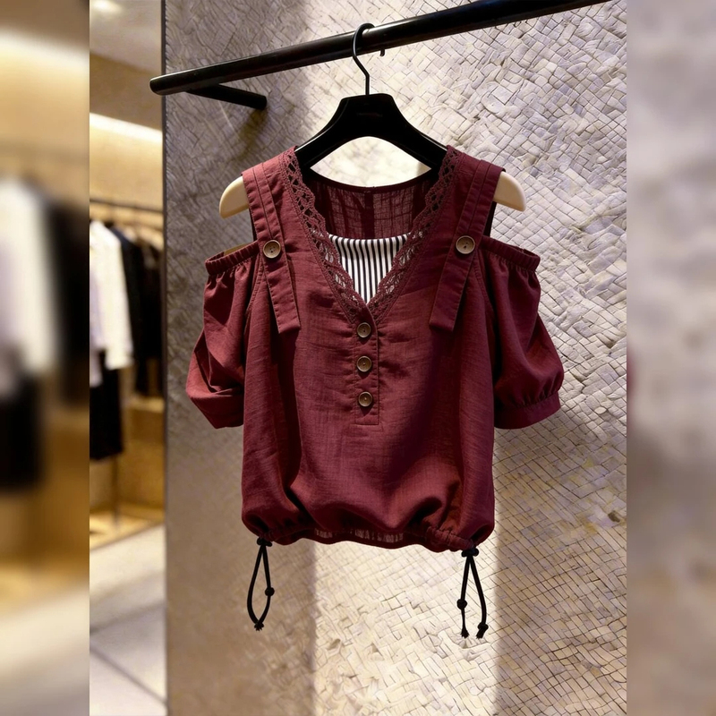 French-Style Off-Shoulder Top for Women, New Summer 2026 Model, Burgundy Lace with Buttons and Drawstring, Fashionable and Versatile, Slimming French-Style Off-Shoulder Top for Women, New Summer 2026 Model, Burgundy Lace with Buttons and Drawstring, Fashionable and Versatile, Slimming