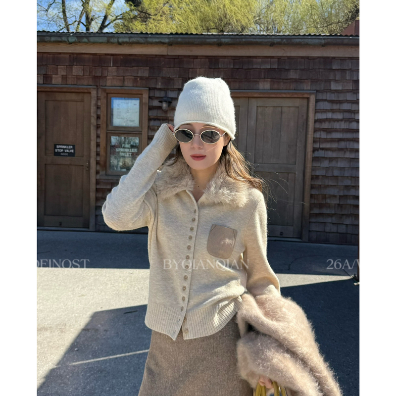 Madeinost - New Autumn/Winter Old Money Style Women's Knit Sweater with Large Fur Collar (Collar Detachable 15122)