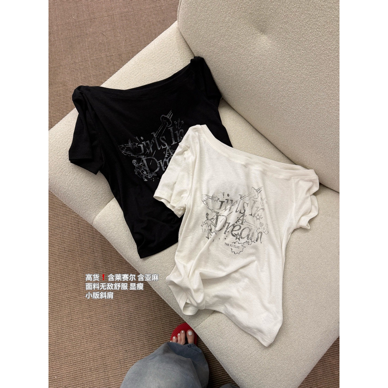 I-D Sisters-26 New Summer Collection Korean Style Off-Shoulder Vintage Print Short-Sleeve Id Sisters Short-Sleeve T-Shirt 561671 I-D Sisters-26 New Summer Collection Korean Style Off-Shoulder Vintage Print Short-Sleeve Id Sisters Short-Sleeve T-Shirt 561671