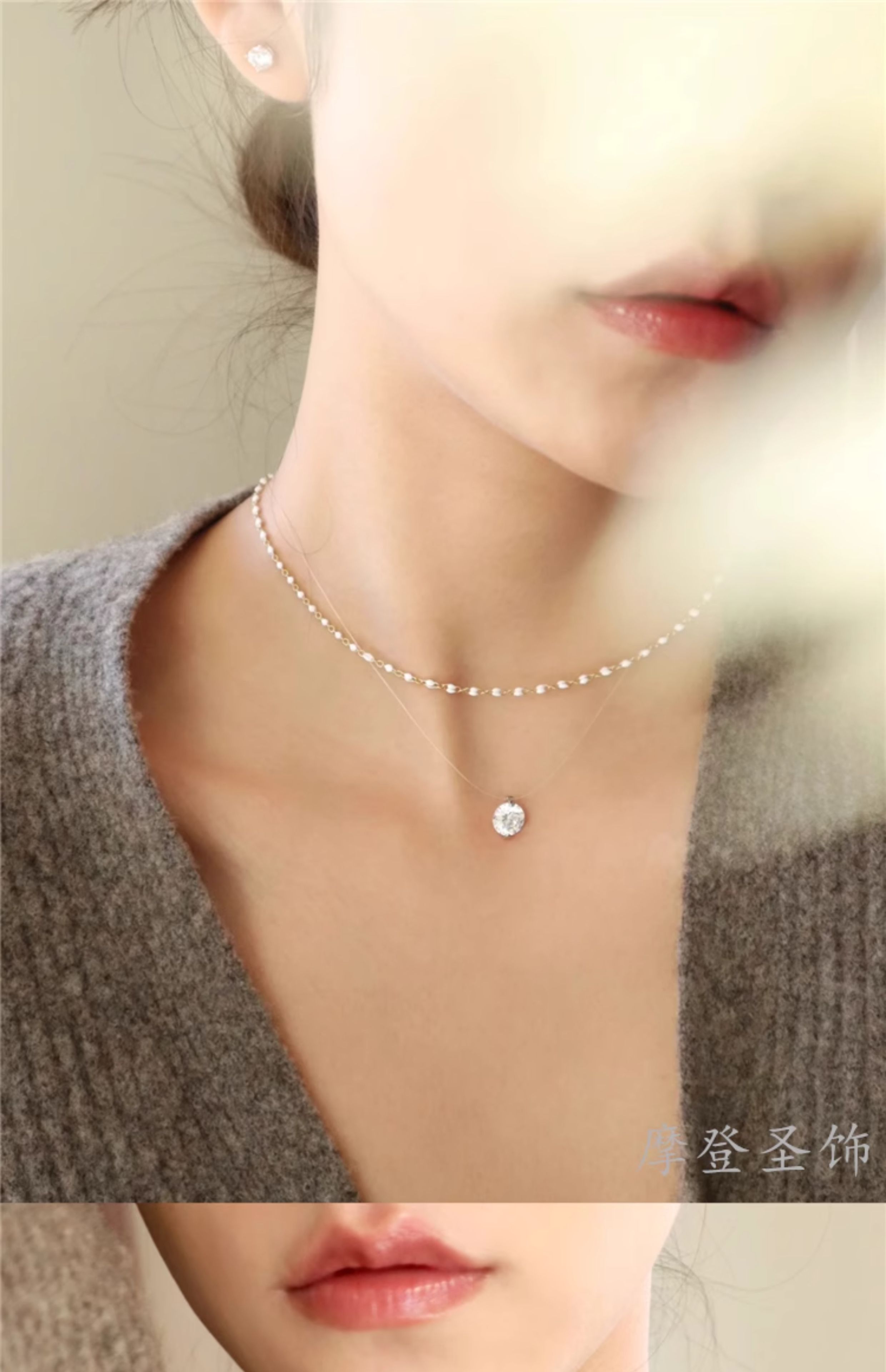 Серебряное ожерелье 摩登圣饰s925纯银莫桑钻鱼线项链女人鱼之泪锁骨链生日礼物送女友