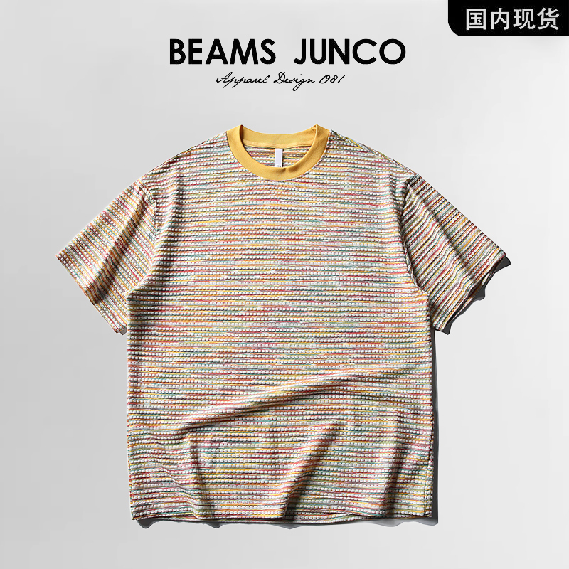 Beams Junco Retro Colorful Striped Short-Sleeve T-Shirt for Men, Summer Round Neck Loose Fit Versatile Trendy Top