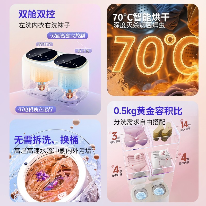 Double-Cylinder Underwear Washing Machine, Fully Automatic, Small, Partitioned, Mini Washing and Drying Integrated High-Temperature Sock Cleaning Machine