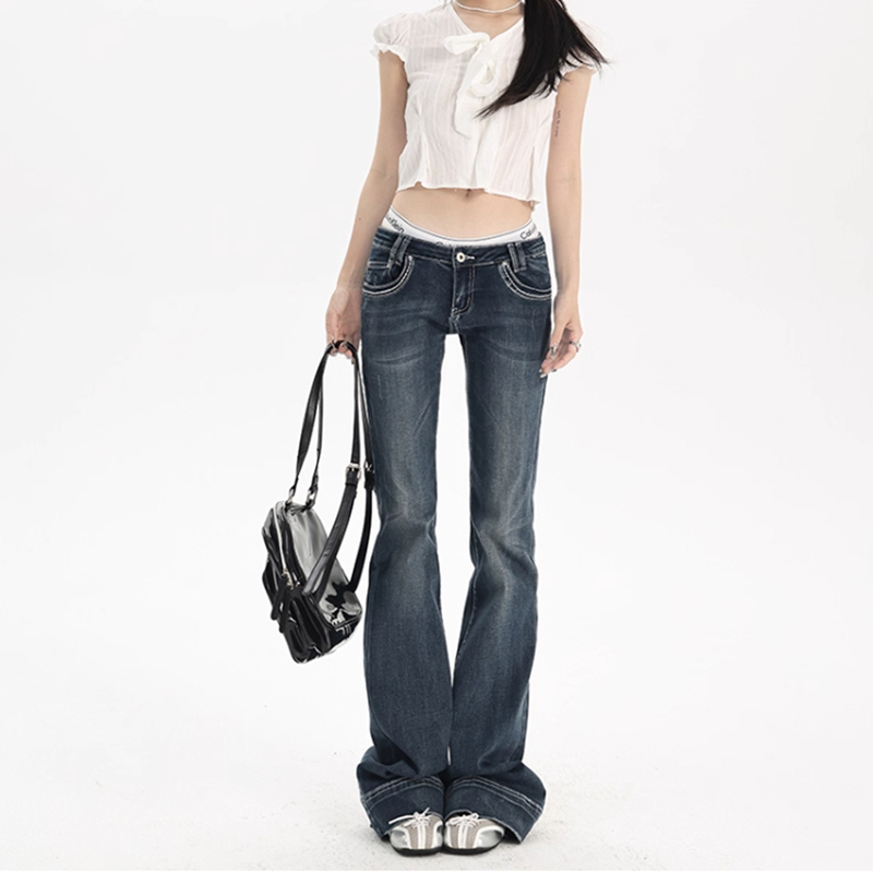 Zero Zero Hair ins American-Style Women's Jeans 2025 Vintage Washed Blue Floor-Length Hot Girl Stretch Ultra-Low Waist Flared Pants