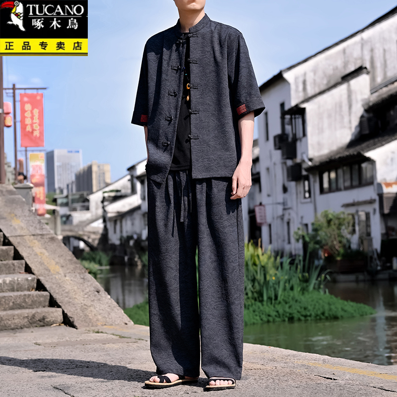 Woodpecker Ancient Style Chinese Tang Suit Summer New Loose Comfortable Breathable Buttoned Stand Collar Tang Suit Two-Piece Set Woodpecker Ancient Style Chinese Tang Suit Summer New Loose Comfortable Breathable Buttoned Stand Collar Tang Suit Two-Piece Set