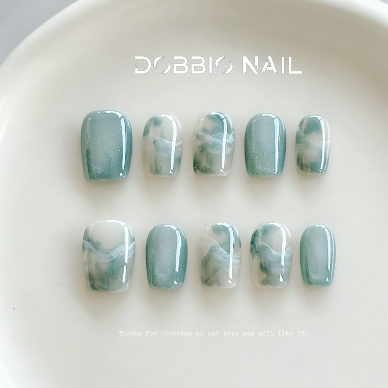 Dobbio【Qingxi】Cool Blue-Green Water Ripple Gradient Handmade Wearable Nails High-End Nail Art Nail Tips
