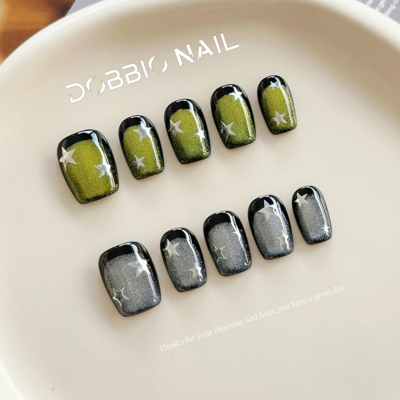 Dobbio【Goodbye Second Street】Gradient Silver-Green Cat Eye Slimming French Handmade Wearable Nail Art Tips