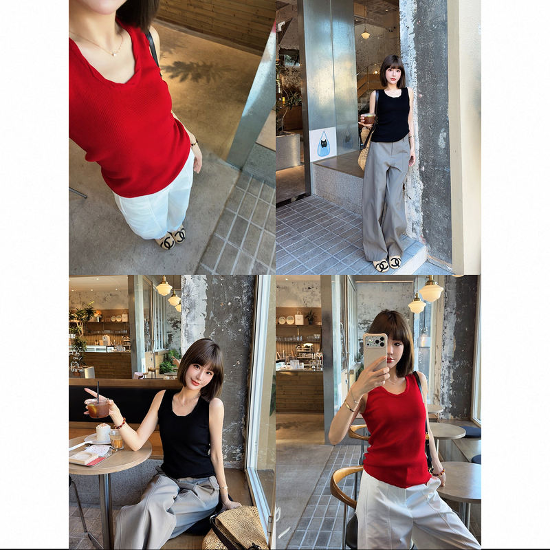 Asbr【Versatile and Easiest to Match】Basulan Wool Anti-Pilling Twisted Collar Slimming Backless Racerback U-Neck Tank Top for Women