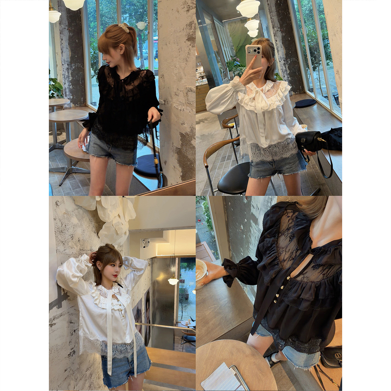 Asbr Clearance【Heartbeat Muse】French Light Luxury Gentle Style Sexy Lace Ruffle Collar Chiffon Blouse Shirt