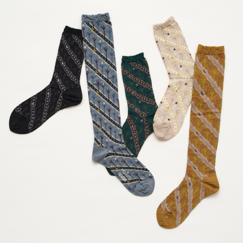 【In Stock】Antipast Feathered Japanese-Made Noblewoman Socks with Moon Tree Pattern, Mid-Calf Socks 【In Stock】Antipast Feathered Japanese-Made Noblewoman Socks with Moon Tree Pattern, Mid-Calf Socks