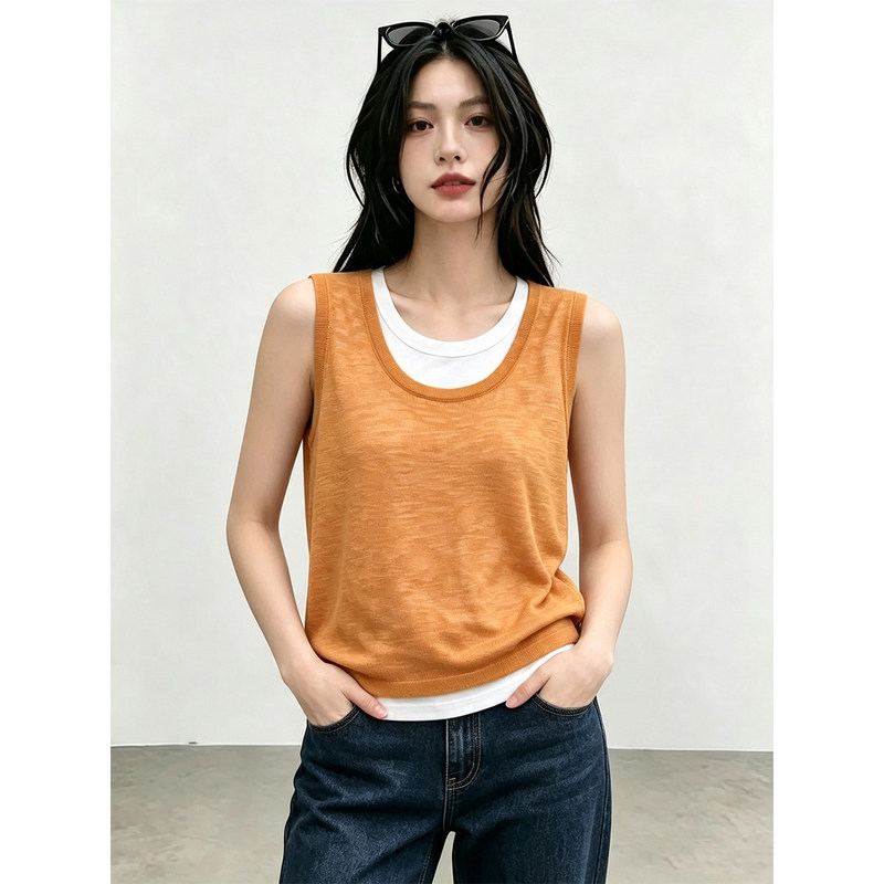 Dopamine Orange Color Faux Two-Piece Knitted Vest for Women, Summer Thin Loose Sleeveless Outerwear, Layered Base Layer Top Dopamine Orange Color Faux Two-Piece Knitted Vest for Women, Summer Thin Loose Sleeveless Outerwear, Layered Base Layer Top