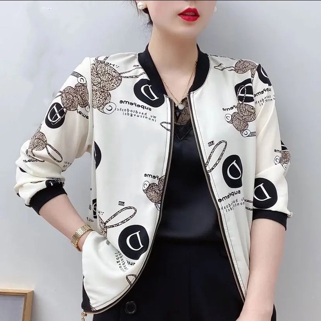 Mom's Chiffon Print Fashion Cardigan Long Sleeve Jacket 2024 Spring New Size Loose Versatile Baseball Wear