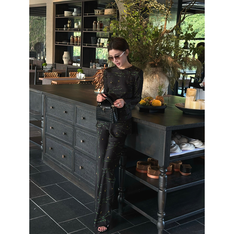 Liu Xiongxiong Mcmax【Moss Shadow】High-End and Unique Double-Sided Printed T-Shirt with Drapey Flared Pants Fashion Set for Women