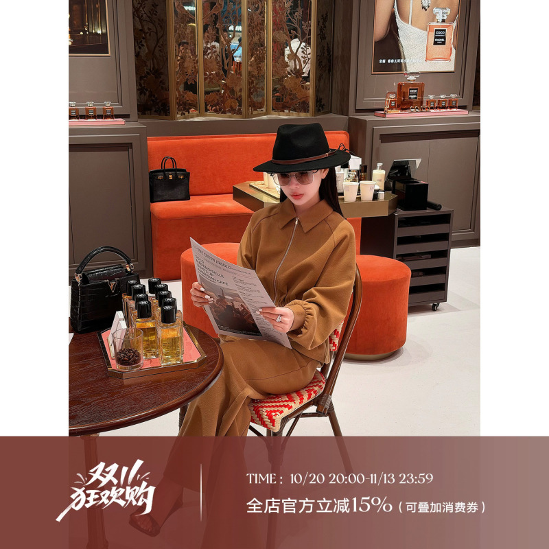 Liu Xiongxiong Mcmax【Hot Cocoa】High-End Silk Cashmere Waist-Cinching Sweatshirt and Drapey Long Pants Fashion Set for Women