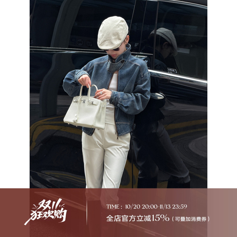 Liu Xiongxiong Mcmax【Aprui】Hong Kong Style Retro Oversize Niche Denim Jacket Women's Stand Collar Jacket
