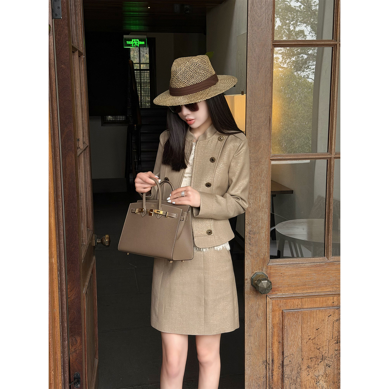 Liu Xiongxiong Mcmax【Napoleon】Wool Metallic Thread Buttoned Stand Collar Jacket and Skirt Fashion Suit for Women