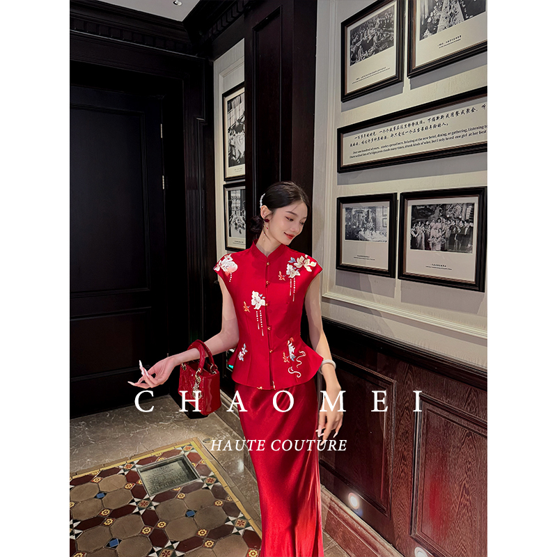 Mopassant【Hongluan】New Chinese-Style Red Wedding Engagement Toast Dress Bride Satin Dress Set