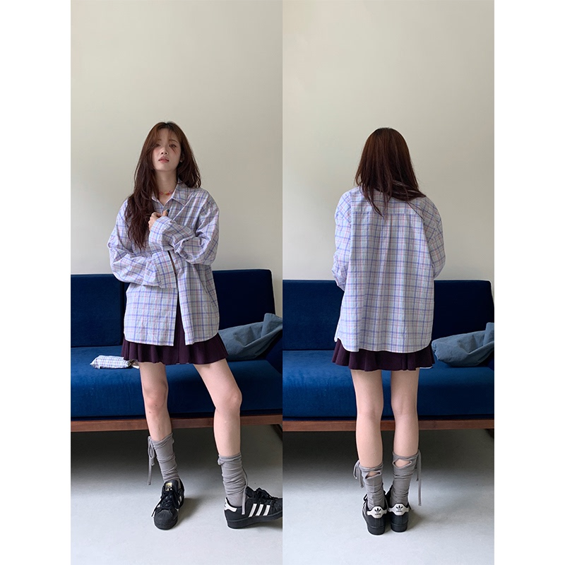 [Fragrant Pear] Korean Style Street Chic Loose Versatile Plaid Long-Sleeve Color-Block Button Casual Shirt Top