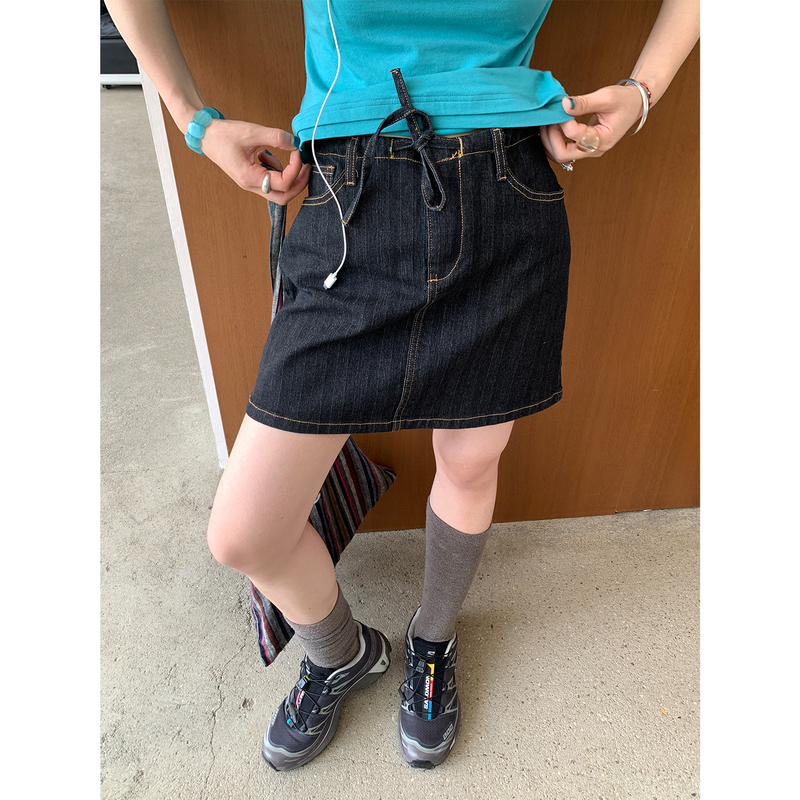 Xxdeli Fragrant Pear Korean Style Simple Denim Short Skirt Vintage Distressed Slimming Basic Versatile A-Line Skirt