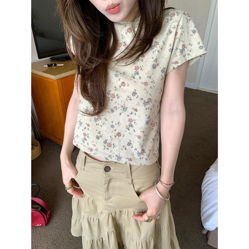 Xxdeli Fragrant Pear Korean Retro Vintage Floral Off-Shoulder Short-Sleeve Versatile Slimming Crop Top