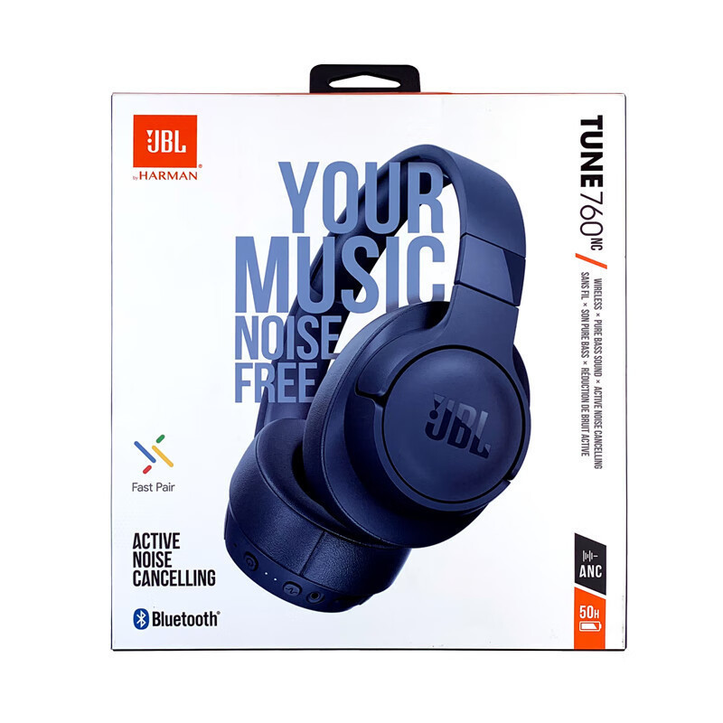 Jbl Tune760Nc Wireless Blue Headphones, Head-Mounted Active Noise-Cancelling Gaming Headphones, Sports Portable and Suitable for Use Without