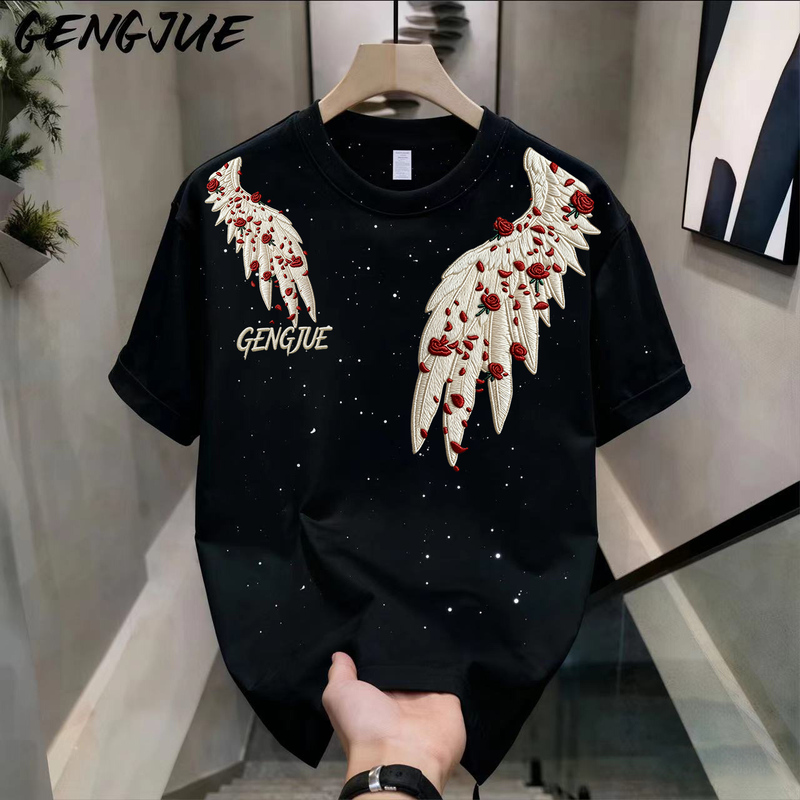【Trendy Print】Sequin Starry Sky T-Shirt Heavyweight Pure Cotton Short Sleeve Unisex Student Loose Summer Top ins
