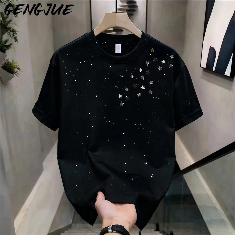 【Trendy Print】Sequin Starry Sky T-Shirt Heavyweight Pure Cotton Short Sleeve Unisex Student Loose Summer Top ins