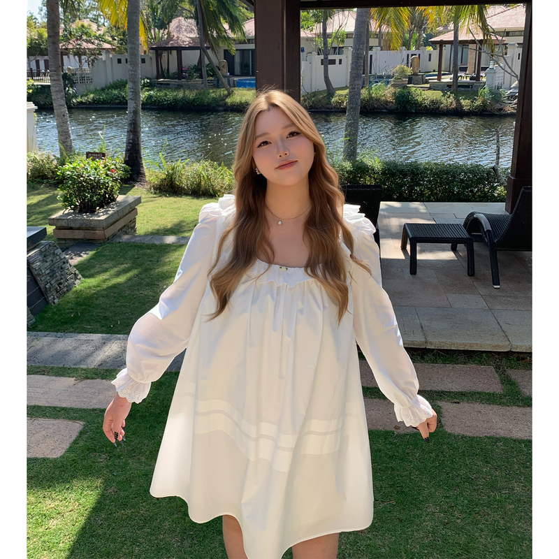 Yiiiiingy Coconut Grove White Moonlight Doll Collar Vacation Style Heavyweight Plus Size Loose White Dress Women's Clothing