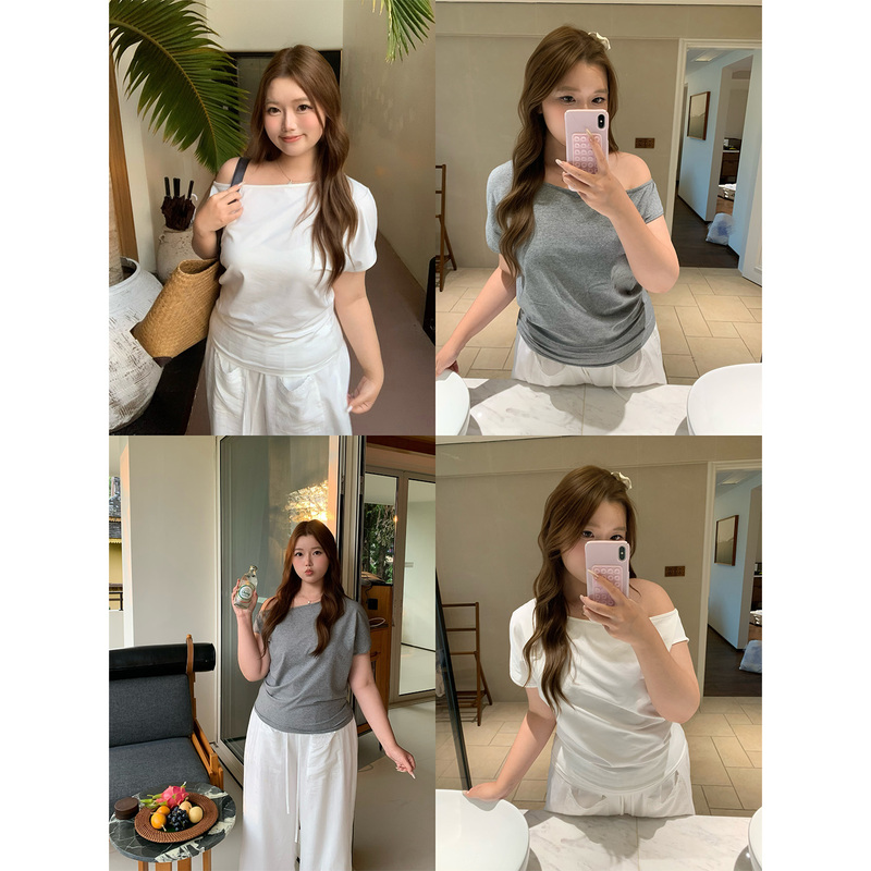 Yiiiiingy Jeju Evening Breeze *95% Cotton Simple Versatile Off-Shoulder T-Shirt for Women Plus Size Slightly Chubby Women's Loose Top