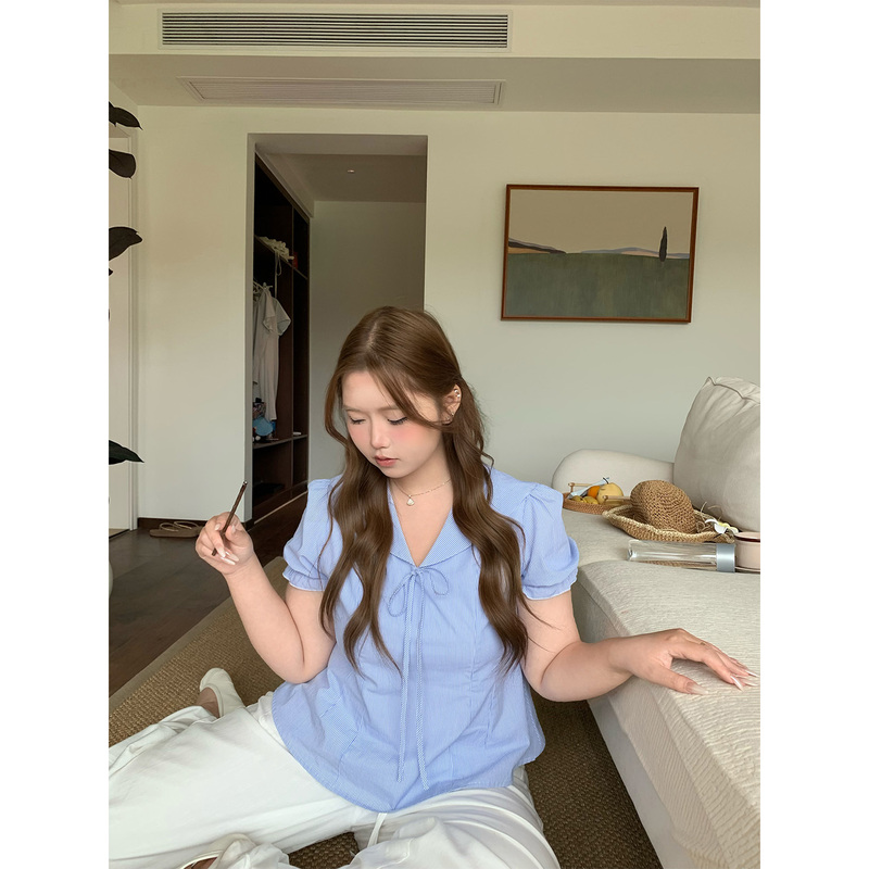 Yiiiiingy Peninsula Sailor *100% Cotton Light Blue Navy Collar Blue Short-Sleeve Shirt Women's Plus Size Slightly Chubby Top