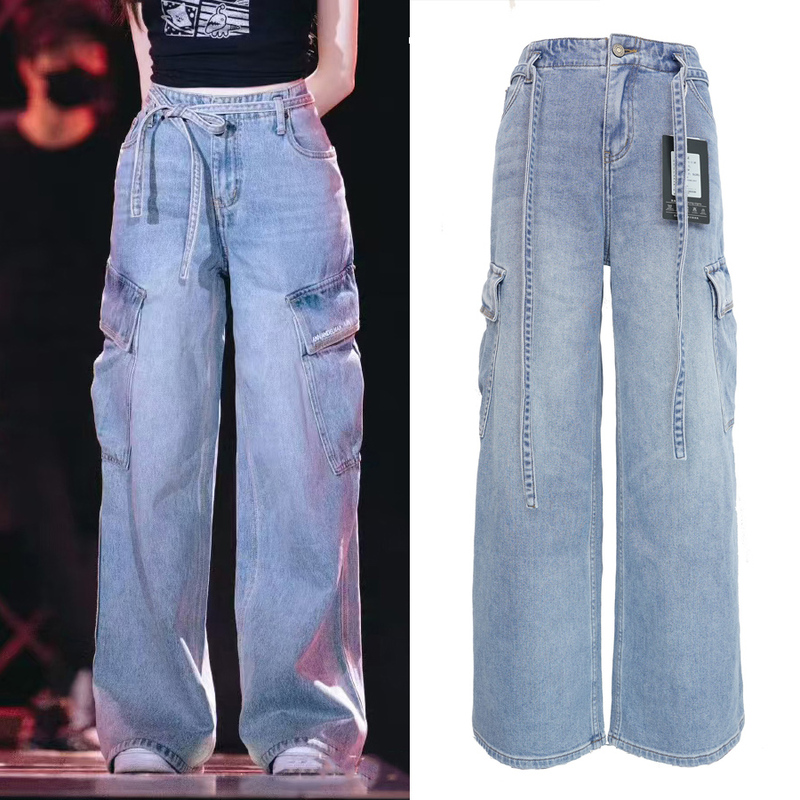 Xianmuer Wang Xinling Style Light Blue Loose Multi-Pocket Lace-Up Wide-Leg Workwear Denim Pants for Women, Suitable for Spring, Autumn, and Winter