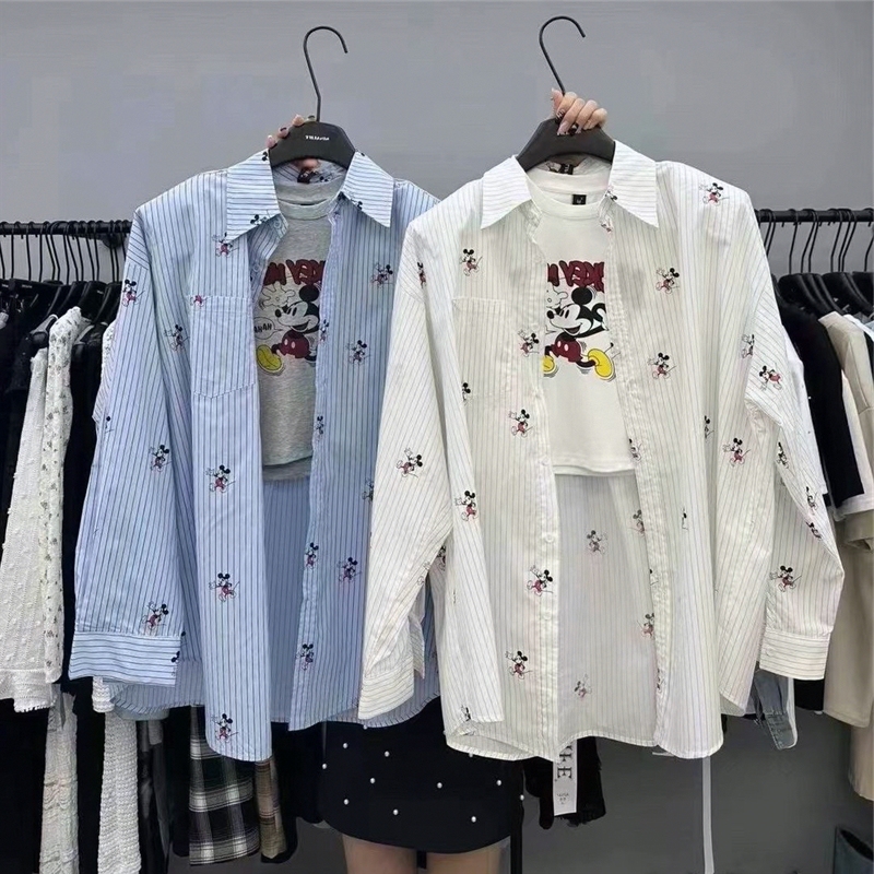Polo Collar New Style Outerwear Summer Korean Version Slimming Workwear Long-Sleeve Sun Protection Mickey Pattern Striped Shirt Top for Women Polo Collar New Style Outerwear Summer Korean Version Slimming Workwear Long-Sleeve Sun Protection Mickey Pattern Striped Shirt Top for Women