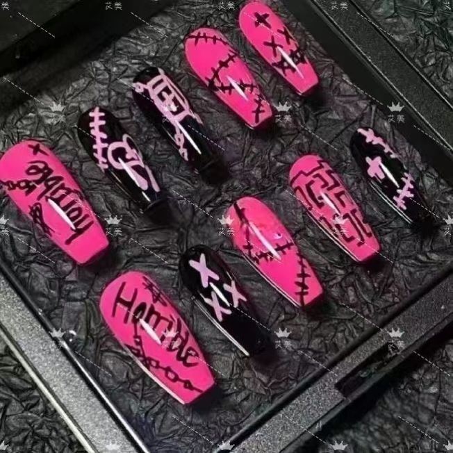 Graffiti Hot Girl Handmade Y2K Y2K Culture Black Fan Handmade Heart Sweet Cool Nail Art Wearable Nails Letter Niche