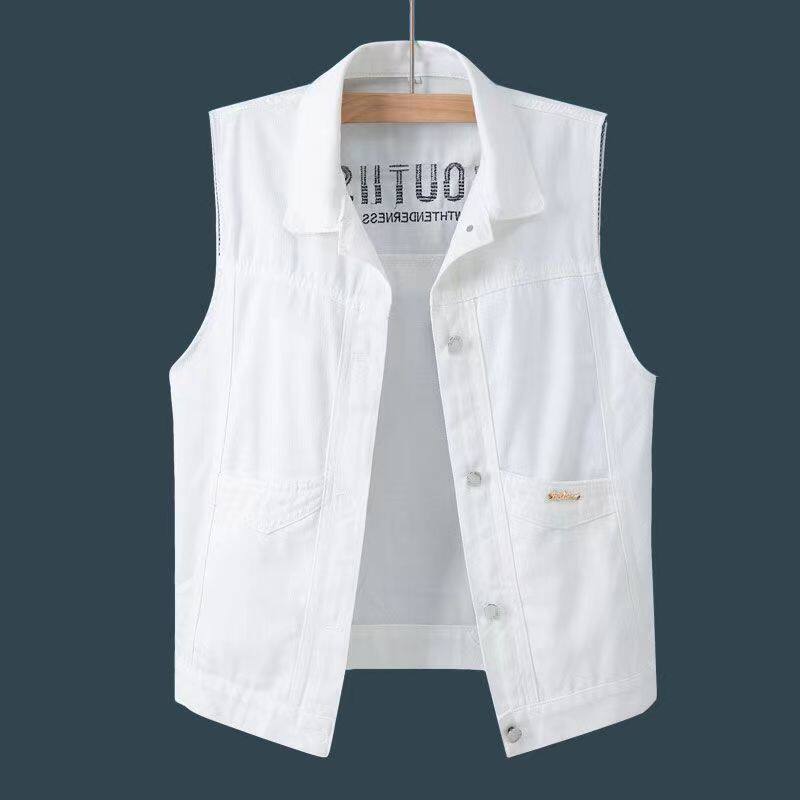 2024 New Korean Style Loose Vest Top Embroidered White Denim Vest Short Jacket Men's Spring and Summer Wear