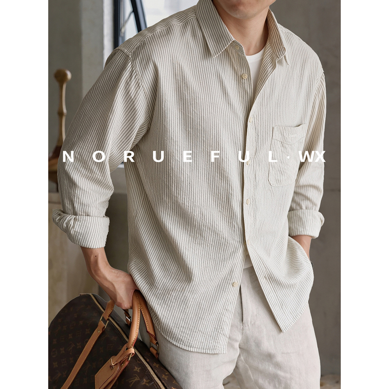 Norueful/No Story [Cotton Autumn Chapter] High-End Autumn New Fine Striped Pure Cotton Men's Long-Sleeved Shirt