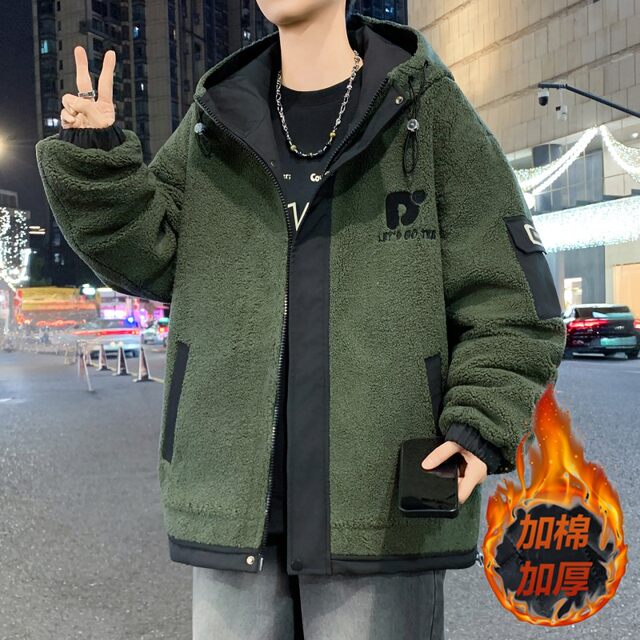 Woodpecker Brand Lamb Wool Trendy Patchwork Hooded Cotton Jacket for Men, Thickened Warm Coat, Stylish Winter Cotton-Padded Jacket