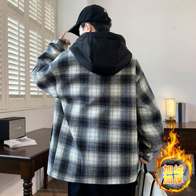 Woodpecker Autumn and Winter Style Fleece-Lined Thick Plaid Jacket for Boys, Stylish Jacket for Middle and High School Students, Cotton-Padded Jacket for Older Children