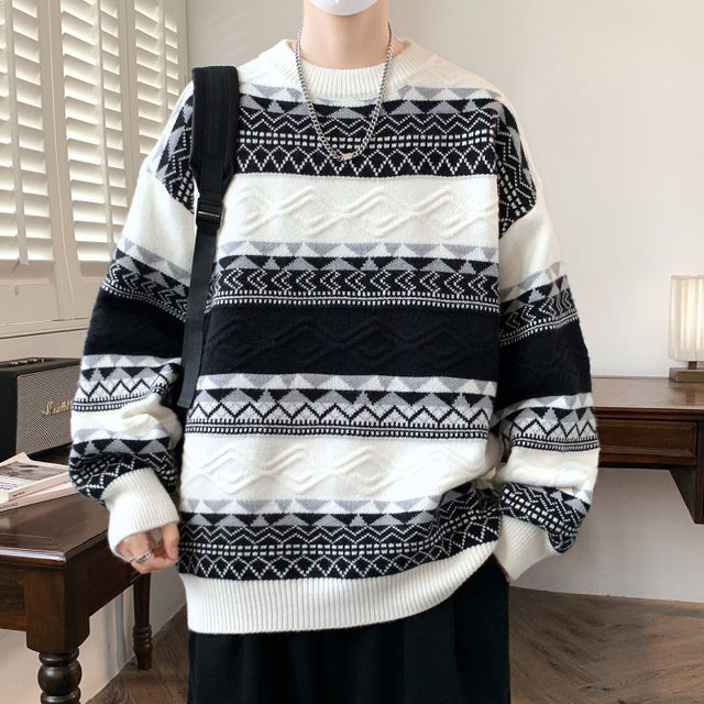 Woodpecker Striped Sweater for Men, Casual Round Neck, Couple's Soft and Cozy Lazy Style, Retro Patchwork Warm Knitwear, Trendy