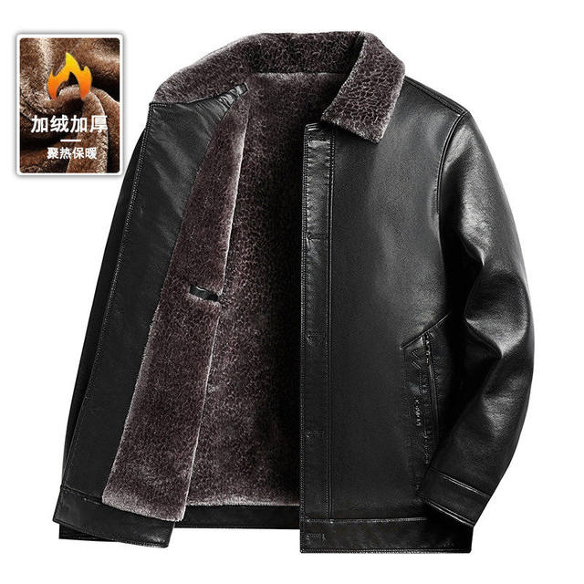 Woodpecker Dad's Leather Jacket Winter Coat with Fleece Lining, Thickened for Middle-Aged Men, Leather and Fur Integrated, Warm Leather Jacket, Casual Style
